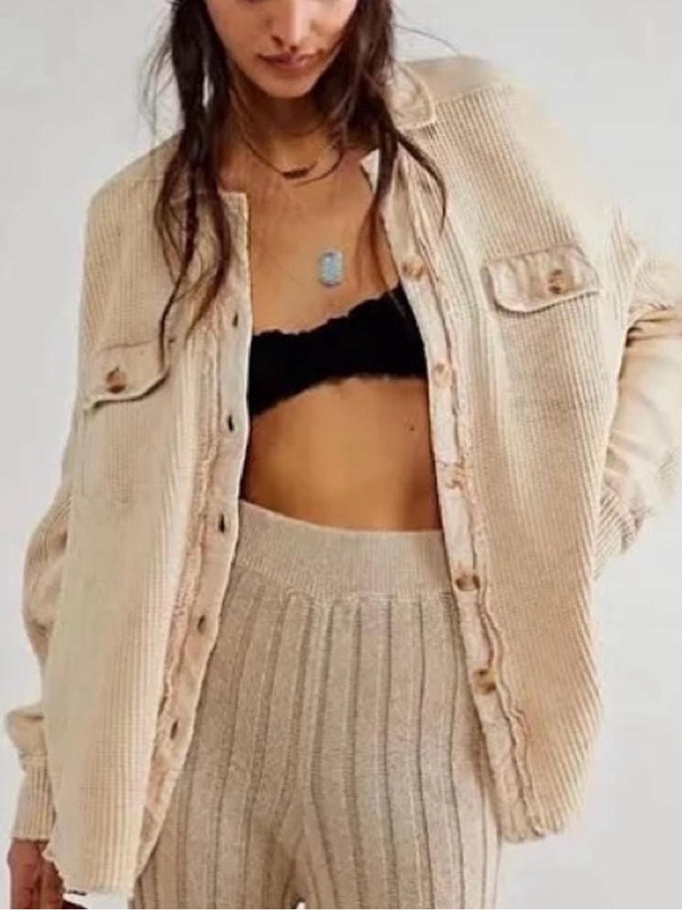 Free People One Scout Beige Waffle Shacket
